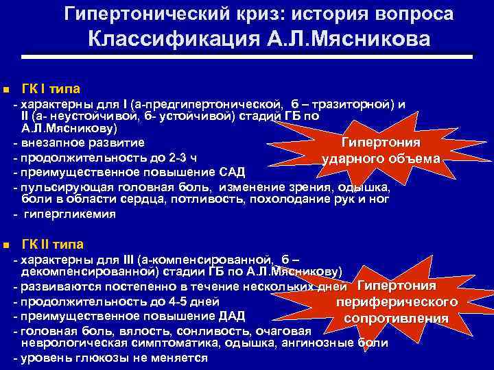 Гипертонический криз: история вопроса Классификация А. Л. Мясникова n ГК I типа - характерны