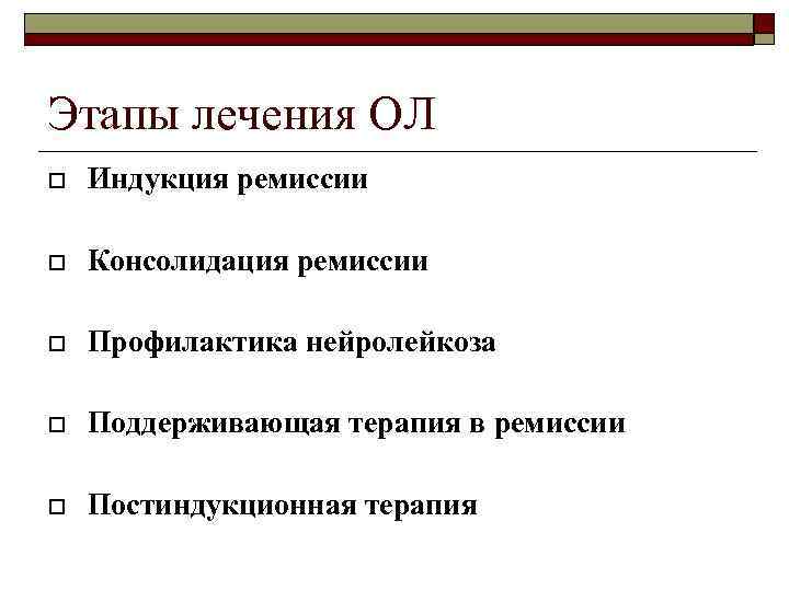 Этапы лечения ОЛ Индукция ремиссии Консолидация ремиссии Профилактика нейролейкоза Поддерживающая терапия в ремиссии Постиндукционная