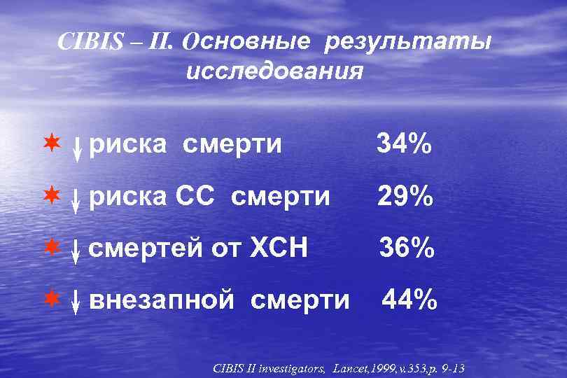 CIBIS – II. Основные результаты исследования ¬ риска смерти 34% ¬ риска СС смерти
