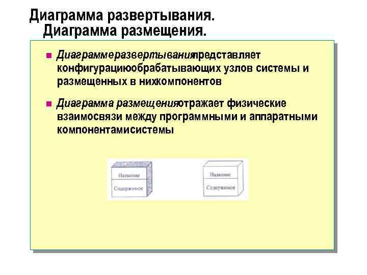 Диаграмма развертывания. Диаграмма размещения. n Диаграмме развертывания представляет конфигурациюобрабатывающих узлов системы и размещенных в