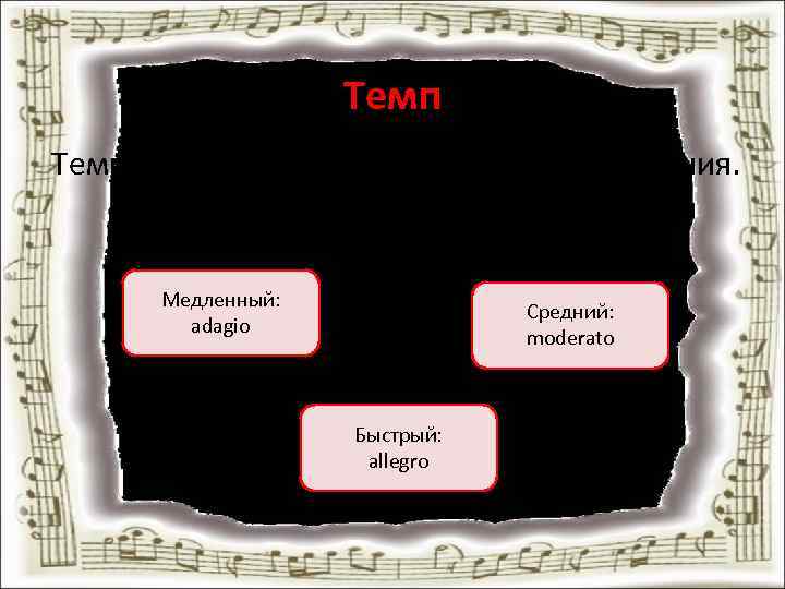 Темп – скорость музыкального произведения. Медленный: adagio Средний: moderato Быстрый: allegro 