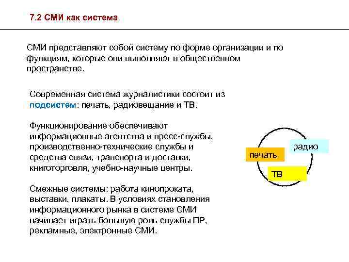 7. 2 СМИ как система СМИ представляют собой систему по форме организации и по