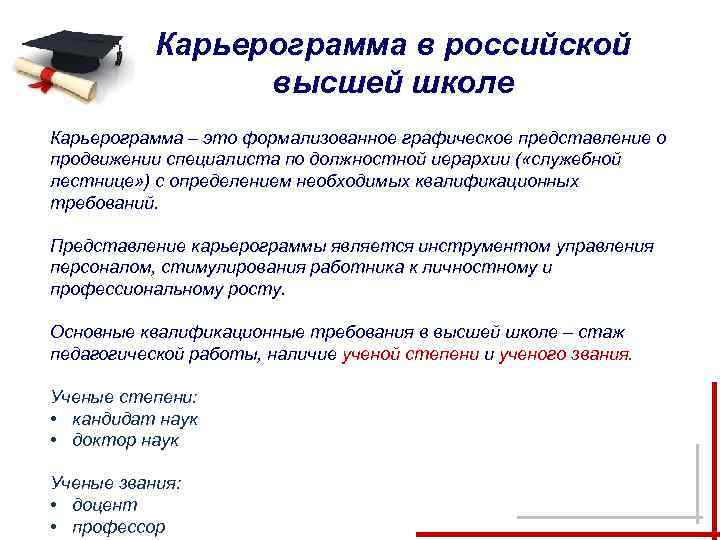 Карьерограмма в российской высшей школе Карьерограмма – это формализованное графическое представление о продвижении специалиста