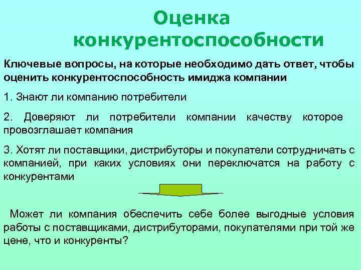 Оценка конкурентоспособности Ключевые вопросы, на которые необходимо дать ответ, чтобы оценить конкурентоспособность имиджа компании
