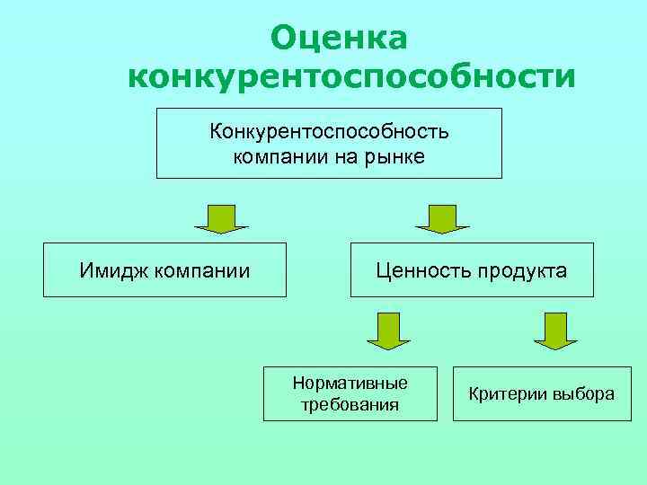 Оценка конкурентоспособности Конкурентоспособность компании на рынке Имидж компании Ценность продукта Нормативные требования Критерии выбора