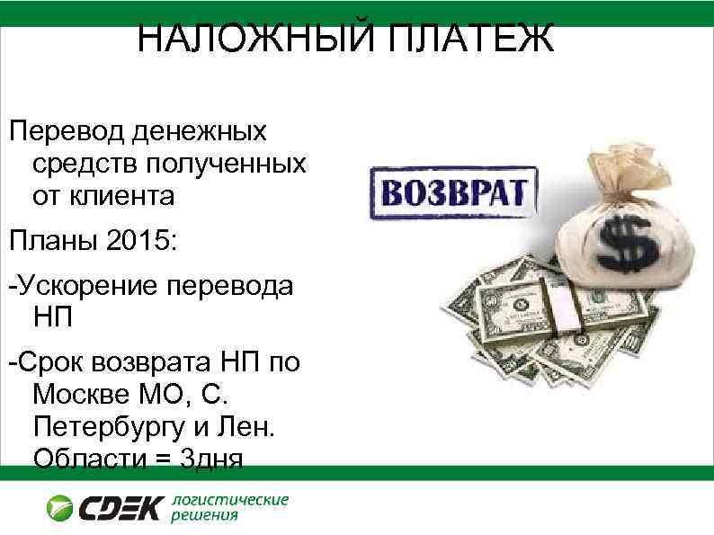 НАЛОЖНЫЙ ПЛАТЕЖ Производительность курьеров 2013 год. Перевод денежных средств полученных от клиента Планы 2015: