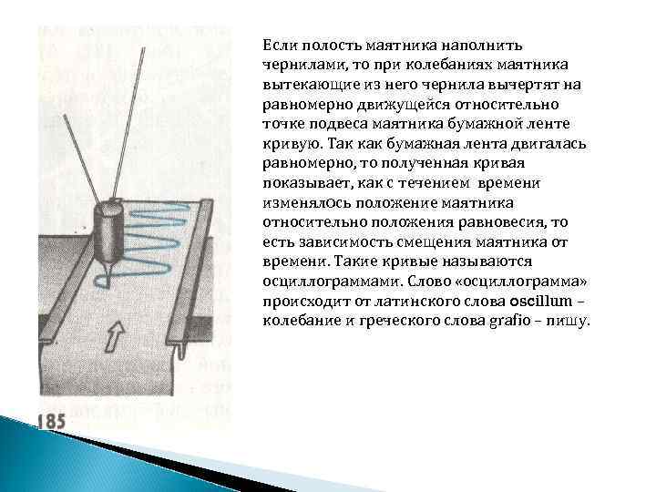 Если полость маятника наполнить чернилами, то при колебаниях маятника вытекающие из него чернила вычертят