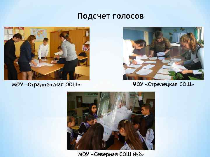 Подсчет голосов МОУ «Отрадненская ООШ» МОУ «Стрелецкая СОШ» МОУ «Северная СОШ № 2» 