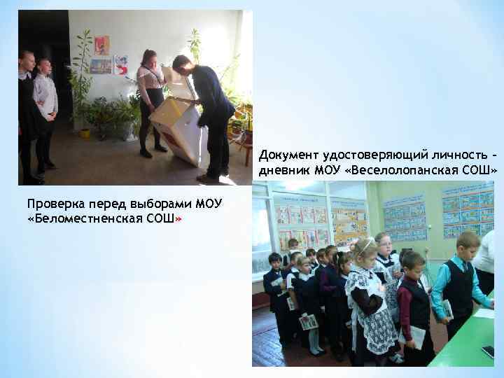 Документ удостоверяющий личность – дневник МОУ «Веселолопанская СОШ» Проверка перед выборами МОУ «Беломестненская СОШ»