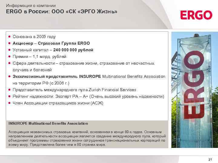 Информация о компании ERGO в России: ООО «СК «ЭРГО Жизнь» Основана в 2005 году