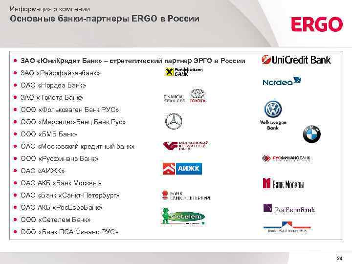 Информация о компании Основные банки-партнеры ERGO в России ЗАО «Юни. Кредит Банк» – стратегический