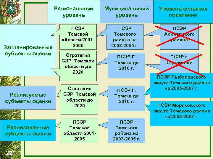 Региональный уровень Запланированные субъекты оценки Муниципальный уровень ПСЭР Томской области 20012005 ПСЭР Томского района