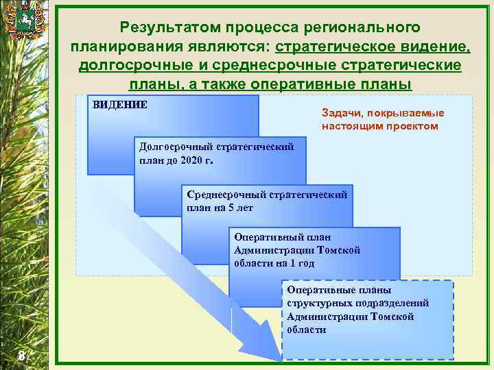 Результатом процесса регионального планирования являются: стратегическое видение, долгосрочные и среднесрочные стратегические планы, а также