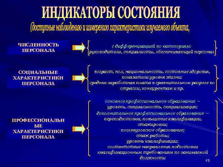 ЧИСЛЕННОСТЬ ПЕРСОНАЛА с дифференциацией по категориям: руководители, специалисты, обеспечивающий персонал СОЦИАЛЬНЫЕ ХАРАКТЕРИСТИКИ ПЕРСОНАЛА возраст,