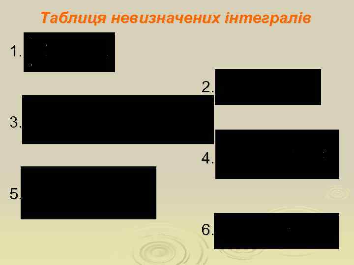Таблиця невизначених інтегралів 1. 2. 3. 4. 5. 6. 