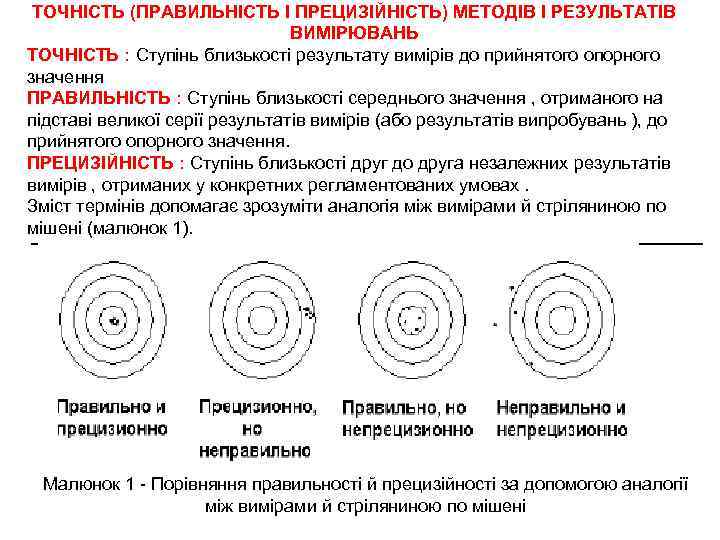 ТОЧНІСТЬ (ПРАВИЛЬНІСТЬ І ПРЕЦИЗІЙНІСТЬ) МЕТОДІВ І РЕЗУЛЬТАТІВ ВИМІРЮВАНЬ ТОЧНІСТЬ : Ступінь близькості результату вимірів