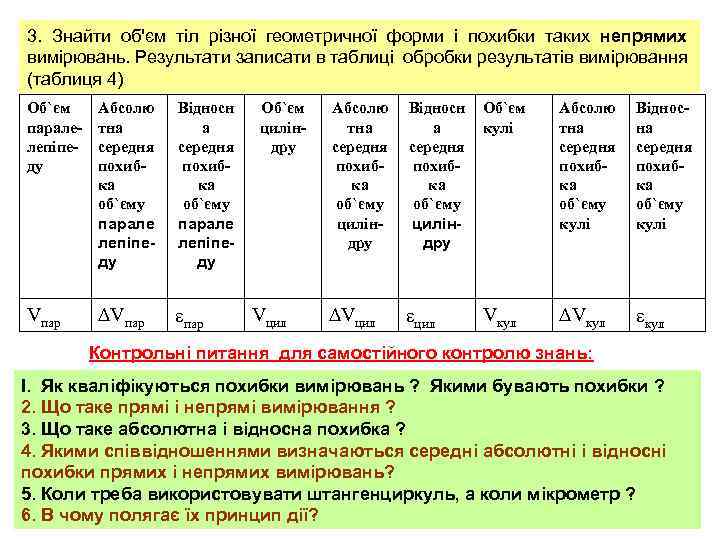 3. Знайти об'єм тіл різної геометричної форми і похибки таких непрямих вимірювань. Результати записати