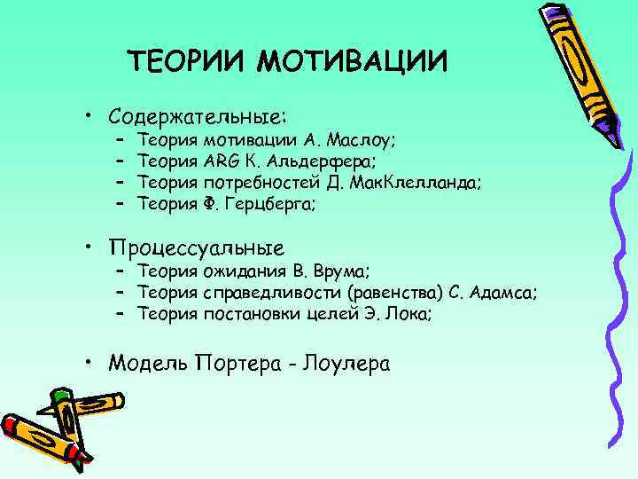 ТЕОРИИ МОТИВАЦИИ • Содержательные: – – Теория мотивации А. Маслоу; Теория ARG К. Альдерфера;