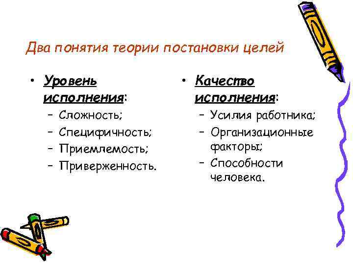 Два понятия теории постановки целей • Уровень исполнения: – – Сложность; Специфичность; Приемлемость; Приверженность.