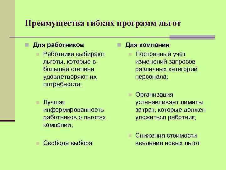 Преимущества гибких программ льгот n Для работников n Постоянный учет изменений запросов различных категорий