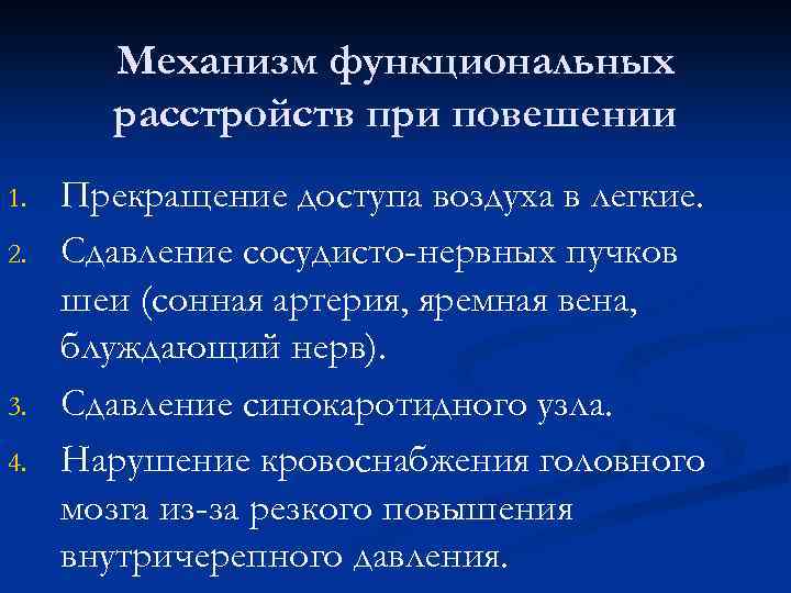 Механизм функциональных расстройств при повешении 1. 2. 3. 4. Прекращение доступа воздуха в легкие.