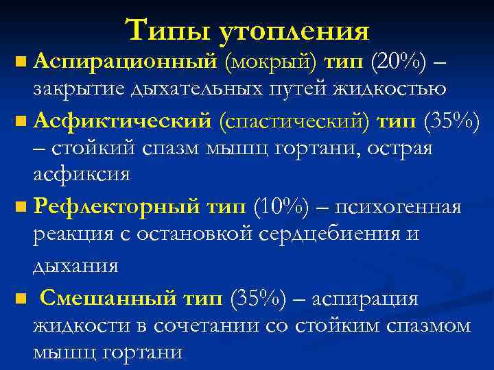 Типы утопления Аспирационный (мокрый) тип (20%) – закрытие дыхательных путей жидкостью n Асфиктический (спастический)
