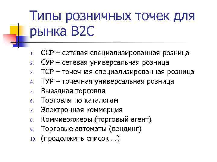 Типы розничных точек для рынка В 2 С 1. 2. 3. 4. 5. 6.