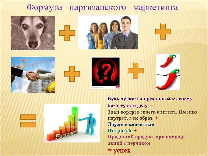 Формула партизанского маркетинга Будь чутким и преданным к своему бизнесу или делу + Знай