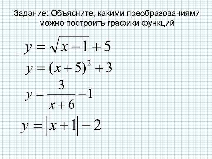 Задание: Объясните, какими преобразованиями можно построить графики функций 1. 