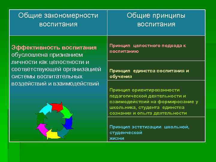 Общие закономерности воспитания Эффективность воспитания обусловлена признанием личности как целостности и соответствующей организацией системы