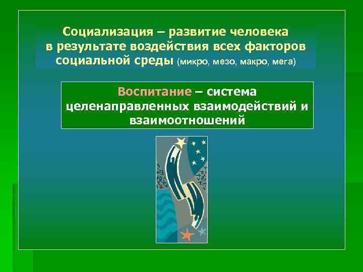 Социализация – развитие человека в результате воздействия всех факторов социальной среды (микро, мезо, макро,