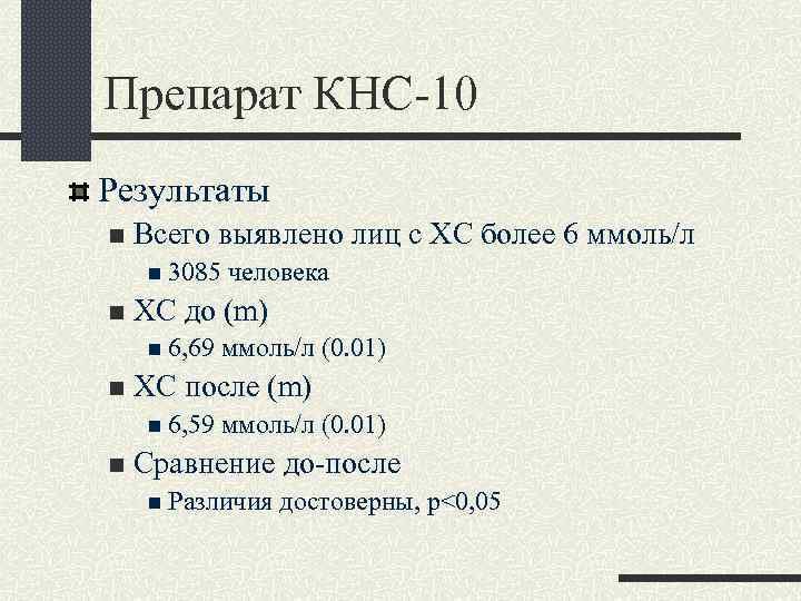 Препарат КНС-10 Результаты n Всего выявлено лиц с ХС более 6 ммоль/л n 3085