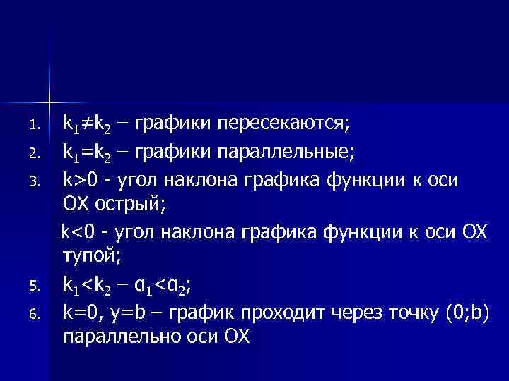 1. 2. 3. 5. 6. k 1≠k 2 – графики пересекаются; k 1=k 2