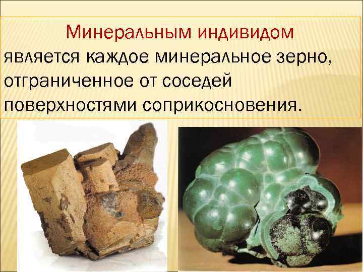 Минеральным индивидом является каждое минеральное зерно, отграниченное от соседей поверхностями соприкосновения. 
