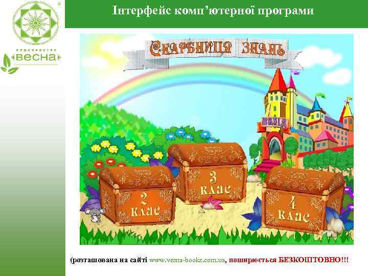 Інтерфейс комп’ютерної програми (розташована на сайті www. vesna-books. com. ua, поширюється БЕЗКОШТОВНО!!! 