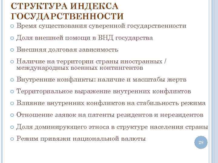 СТРУКТУРА ИНДЕКСА ГОСУДАРСТВЕННОСТИ Время существования суверенной государственности Доля внешней помощи в ВНД государства Внешняя