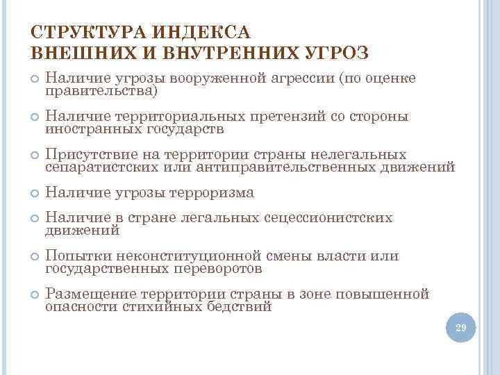 СТРУКТУРА ИНДЕКСА ВНЕШНИХ И ВНУТРЕННИХ УГРОЗ Наличие угрозы вооруженной агрессии (по оценке правительства) Наличие
