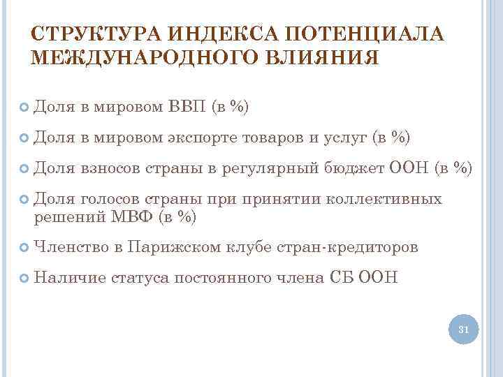 СТРУКТУРА ИНДЕКСА ПОТЕНЦИАЛА МЕЖДУНАРОДНОГО ВЛИЯНИЯ Доля в мировом ВВП (в %) Доля в мировом