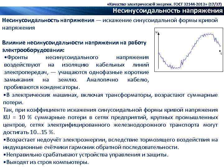  «Качество электрической энергии. ГОСТ 32144 -2013» (17/37) Несинусоидальность напряжения — искажение синусоидальной формы