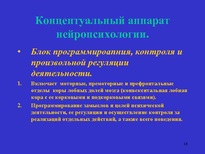 Концептуальный аппарат нейропсихологии. • Блок программироапния, контроля и произвольной регуляции деятельности. 1. Включает моторные,