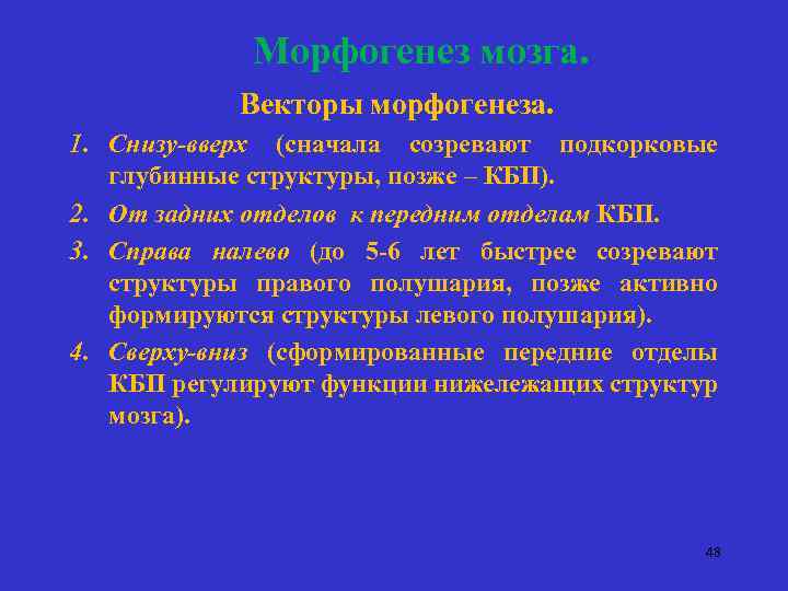 Морфогенез мозга. Векторы морфогенеза. 1. Снизу-вверх (сначала созревают подкорковые глубинные структуры, позже – КБП).