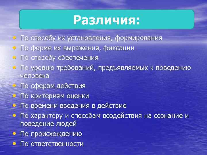 Различия: • • • По способу их установления, формирования По форме их выражения, фиксации