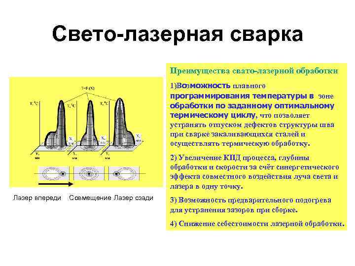 Свето-лазерная сварка Преимущества свато-лазерной обработки 1)Возможность плавного программирования температуры в зоне обработки по заданному