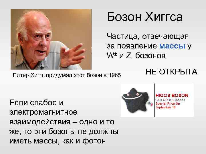Бозон Хиггса Частица, отвечающая за появление массы у W± и Z бозонов Питер Хиггс