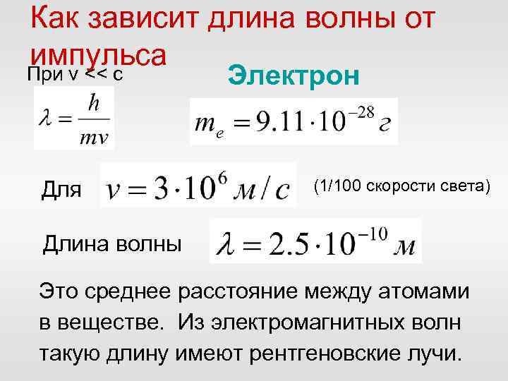 Как зависит длина волны от импульса При v << c Электрон Для (1/100 скорости