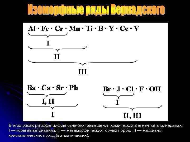 В этих рядах римские цифры означают замещения химических элементов в минералах: I — коры