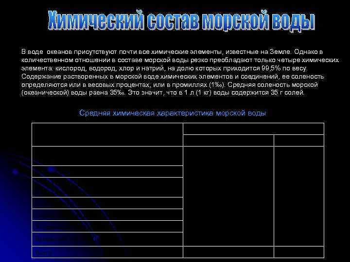 В воде океанов присутствуют почти все химические элементы, известные на Земле. Однако в количественном