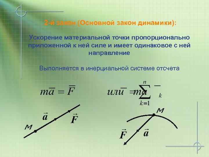 2 -й закон (Основной закон динамики): Ускорение материальной точки пропорционально приложенной к ней силе