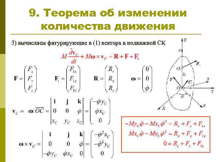 9. Теорема об изменении количества движения 3) вычисляем фигурирующие в (1) вектора в подвижной