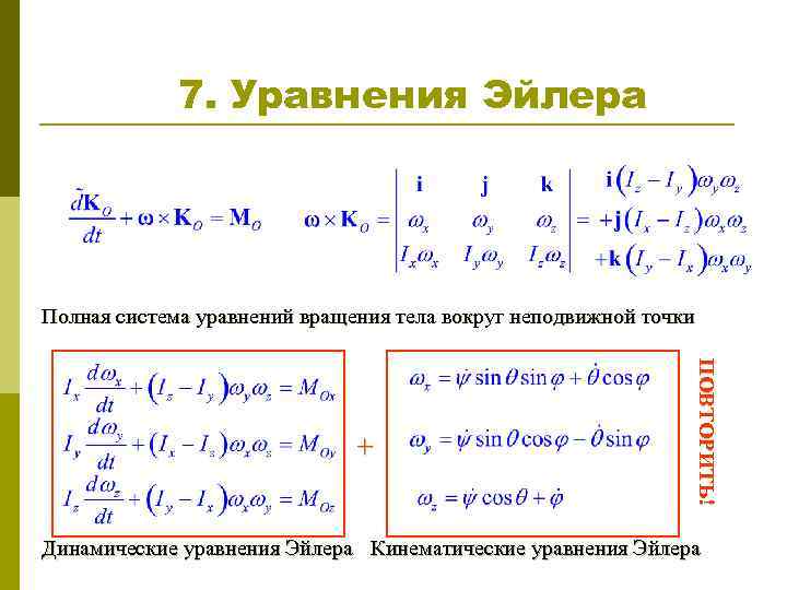 7. Уравнения Эйлера Полная система уравнений вращения тела вокруг неподвижной точки ПОВТОРИТЬ! + Динамические